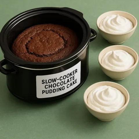Slow Cooker Labeled "Slow-Cooker Chocolate Pudding Cake" Alongside Bowls