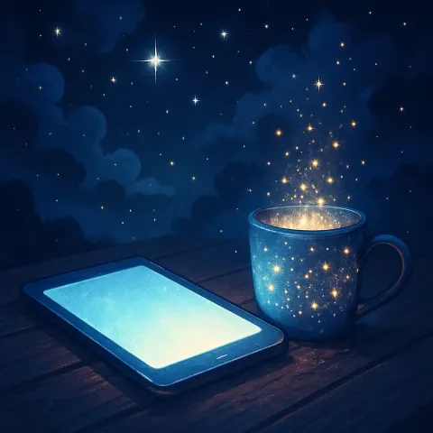 Magical Nighttime Scene Showcasing an Illuminated Tablet and a Glittering