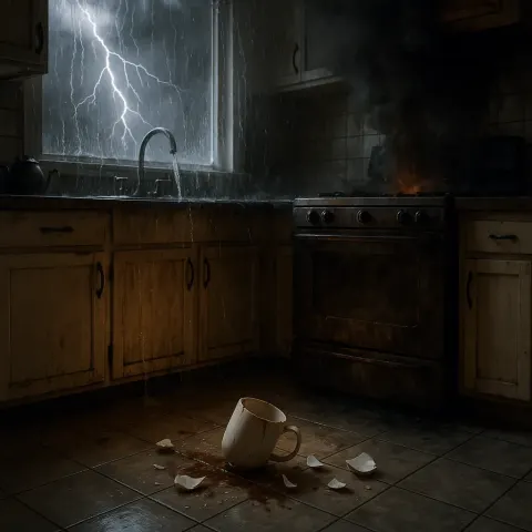 Chaotic Kitchen Setting Featuring a Broken Cup and a Scorched