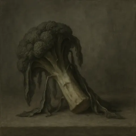 Depict a Sorrowful Setting Featuring Wilted Broccoli