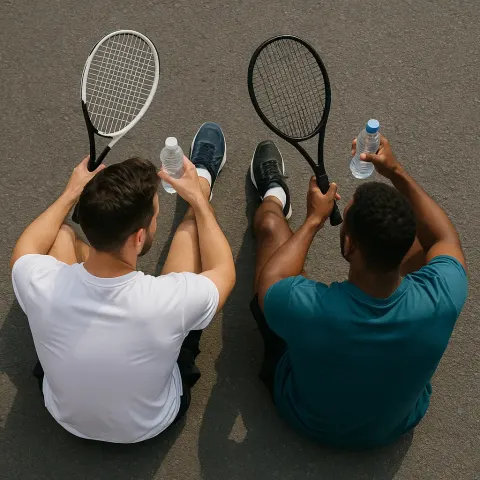 Two Men Sitting on the Pavement with Tennis Rackets