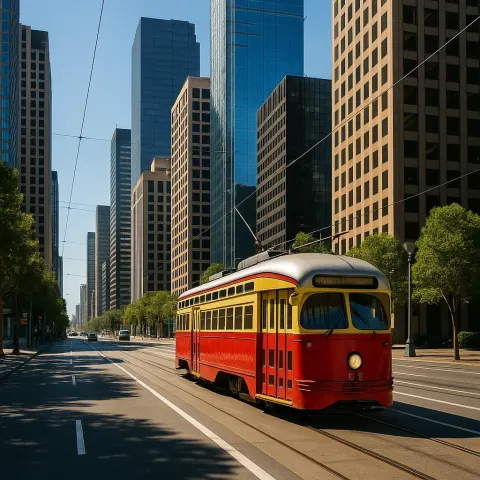 Streetcar Travels Down a City Boulevard