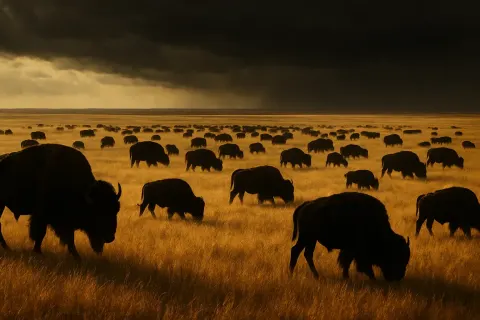 Vast Herd of Shadowy Bison Grazes Peacefully on an Immense