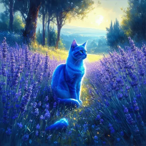 Glowing Blue Cat in a Lavender Field