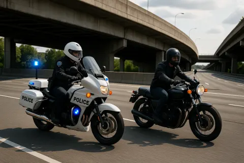 Police Motorcycle and a Civilian Motorcycle Ride on an Empty
