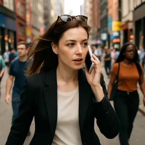 Woman Strides Swiftly Down the Sidewalk