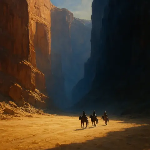 Few Distant Riders on Horseback Traverse the Sun-baked Floor