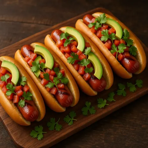 Wooden Platter Holding Four Gourmet-style Hot Dogs