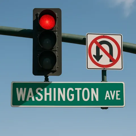 Street Sign for Washington Avenue Beneath a Red Traffic