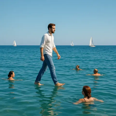 Nearby Swimmers Drift in the Water as a Man Strides