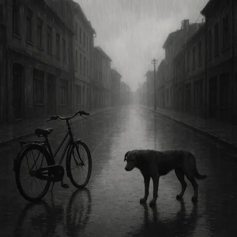 Somber Black-and-white Image of an Empty Street under Rainfall