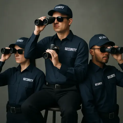 Trio of People Wearing Identical Navy Security Uniforms Is Positioned