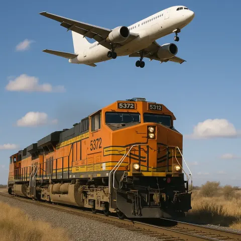 Jet Soaring Overhead While a Locomotive Travels Below It
