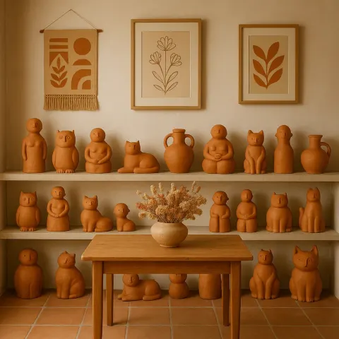 Room Featuring a Shelf Lined with Orange Clay Sculptures Arranged