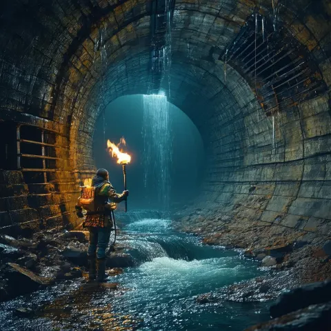 Torchlit Adventurer in a Crumbling Sewer Tunnel