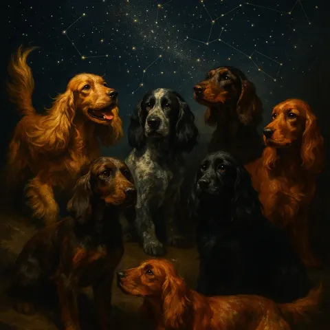 Several Cocker Spaniels—a Golden One with Profusely Feathered Ears