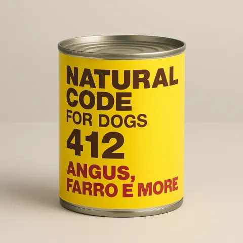 Yellow Can Labeled "Natural Code for Dogs 412" Featuring "Angus