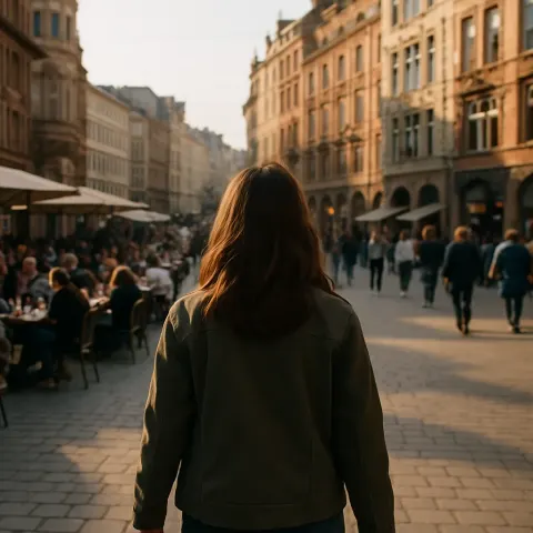 Woman Wearing a Jacket Walks Towards a Busy City Square