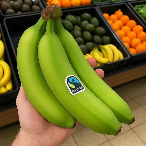 Hand Holding Two Large Green Bananas