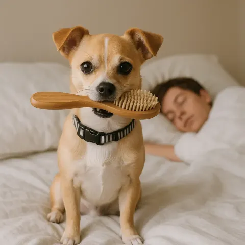 Small Dog with a Striped Collar Holds a Wooden Brush