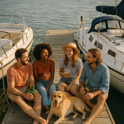 Group of People Relaxing on a Dock Between Boats