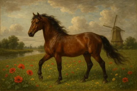 Detailed 17th-century Dutch Baroque Artwork Depicting a Bay Horse