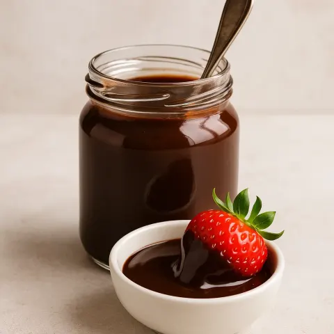 Jar of Rich Homemade Fudge Sauce with a Spoon
