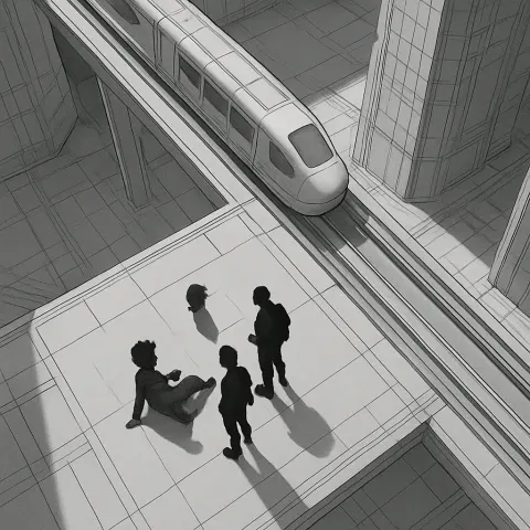Three Diminutive Figures Interact with Stark Clarity