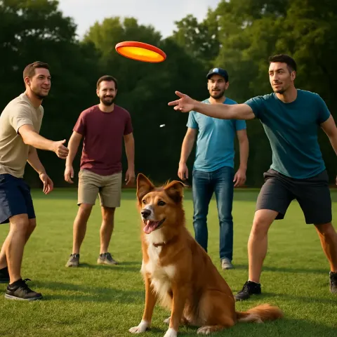Several Men Are Throwing a Vividly Colored Frisbee to One