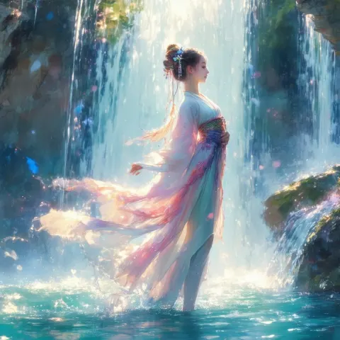 Silk Kimono Ballerina Beside a Shimmering Waterfall