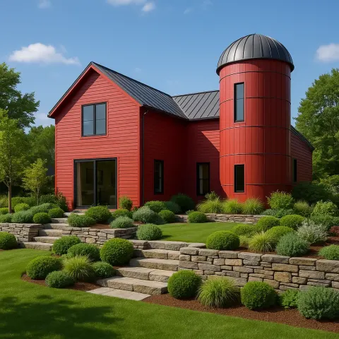 Modern Red House with a Cylindrical Silo Structure