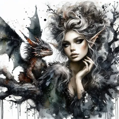 Pixie and Dragon in Dark Forest