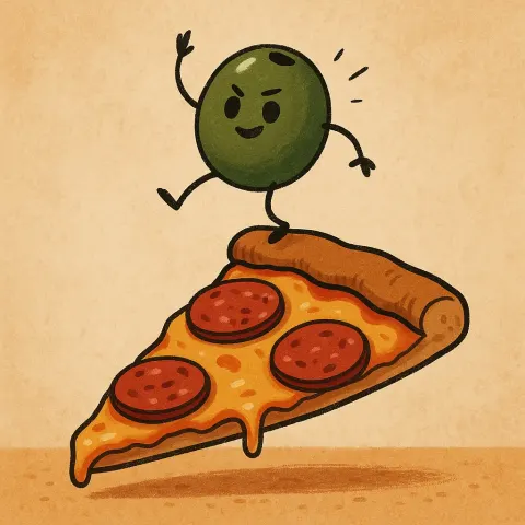 Adventurous Olive Teeters on the Edge of a Pizza Slice