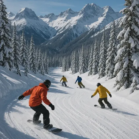 Trail on a Snow-covered Mountain Where Snowboarders