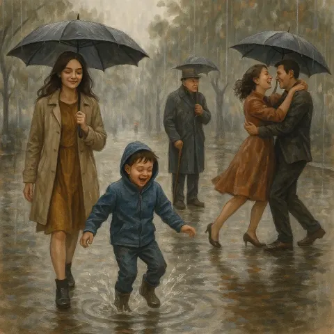 Woman Walks Leisurely Through the Light Rain