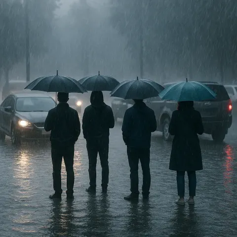 Group of People with Umbrellas Stand on a Flooded Street