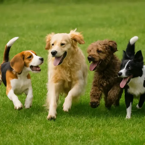 Four Dogs Frolicking Together in a Vibrant