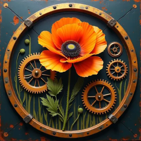 Orange Poppy Encased in Mechanical Gears Fresco
