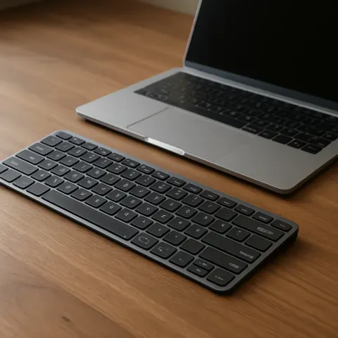 Modern Wireless Keyboard Placed near an Open Laptop