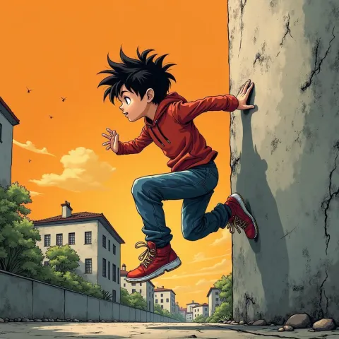 Bold Manga Boy Leaping Off a Wall