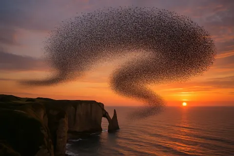 Vast Murmuration of Countless Tiny Starlings Swirls Like