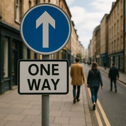 Road Sign Showing a One-way Street with People Strolling