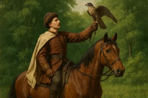 Person Dressed in Historical Attire Riding a Brown Horse