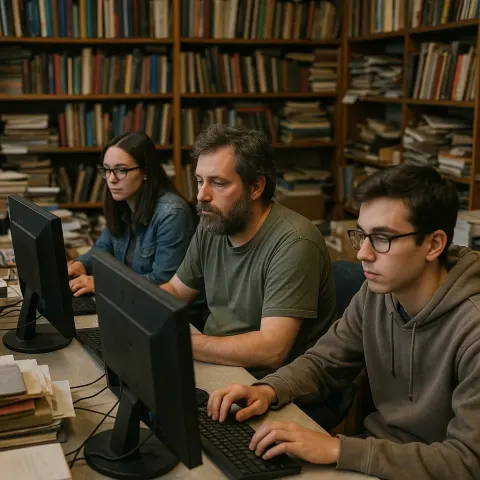 Three Individuals Are Seated in a Cluttered Room with Bookshelves