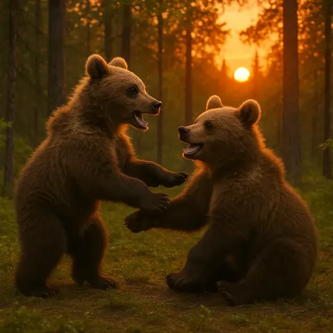 Sunset-lit Forest Clearing Featuring Two Bears Engaging in Playful Behavior