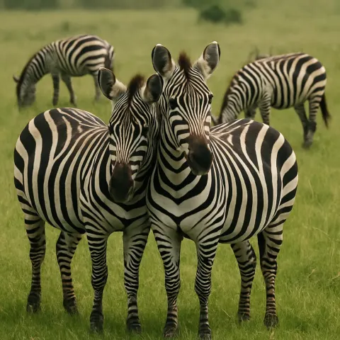 Group of Zebras Grazing in a Grassy Field