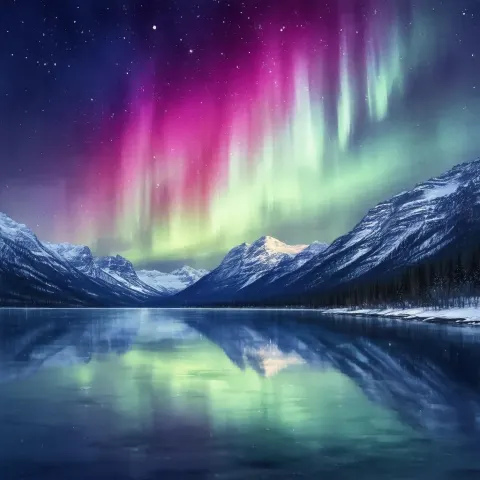 Northern Lights Mirrored in a Tranquil Mountain Lake
