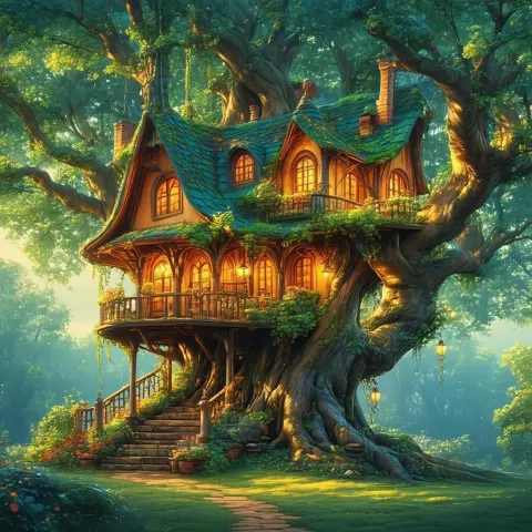 Enchanting Tree House in Golden Hour Glow