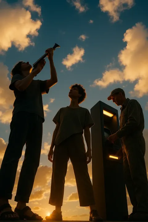 Androgynous Musician in Sandals Angles a Musical Instrument Skyward