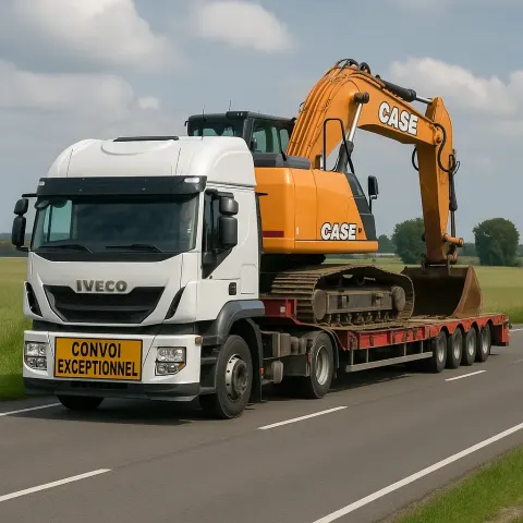 White Iveco Truck with a "Convoi Exceptionnel" Sign Transports